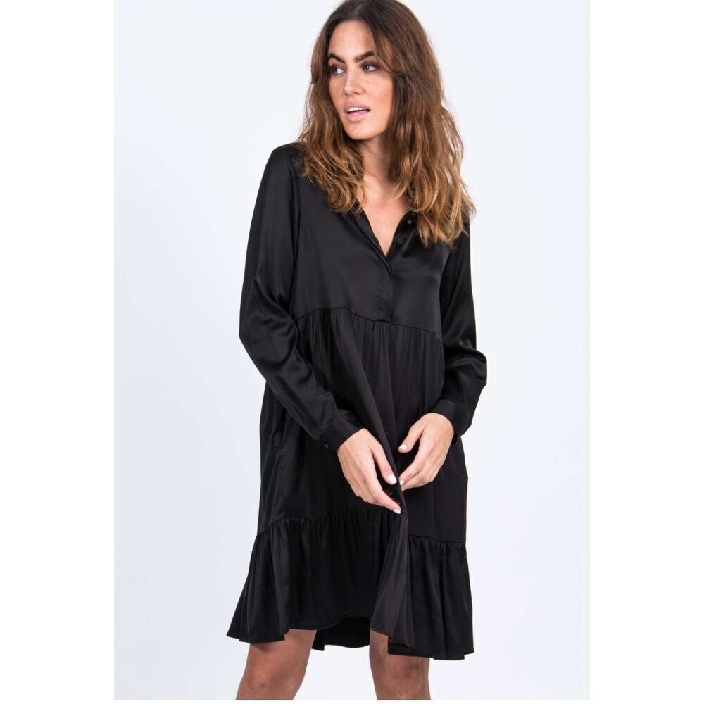 Robert‎ Friedman Womens Shiny Tiered Long Sleeve Peasant Dress Black Size Medium